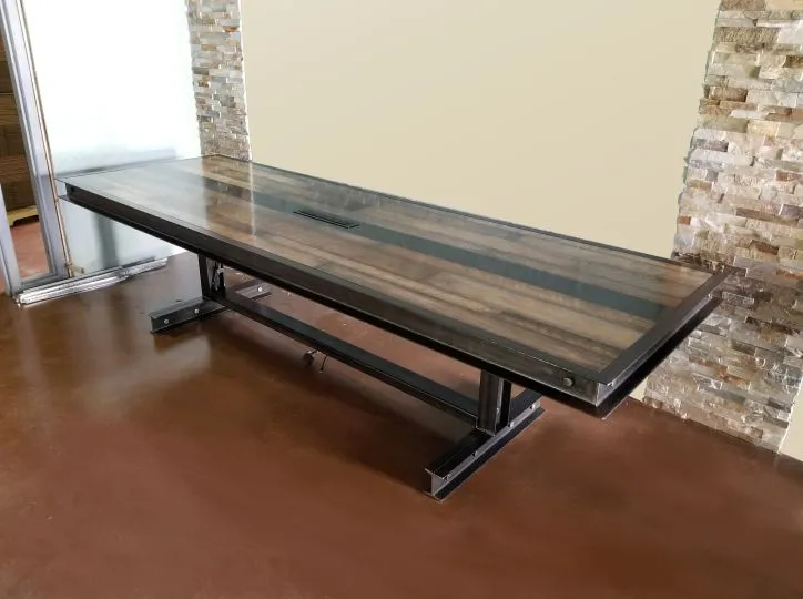 #064 - Industrial steel and reclaimed wood conference table with FREE power/data center