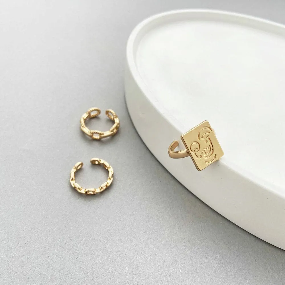 18K Gold-Plated Abstract Face Cable Chain Open Ring Set