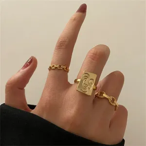 18K Gold-Plated Abstract Face Cable Chain Open Ring Set