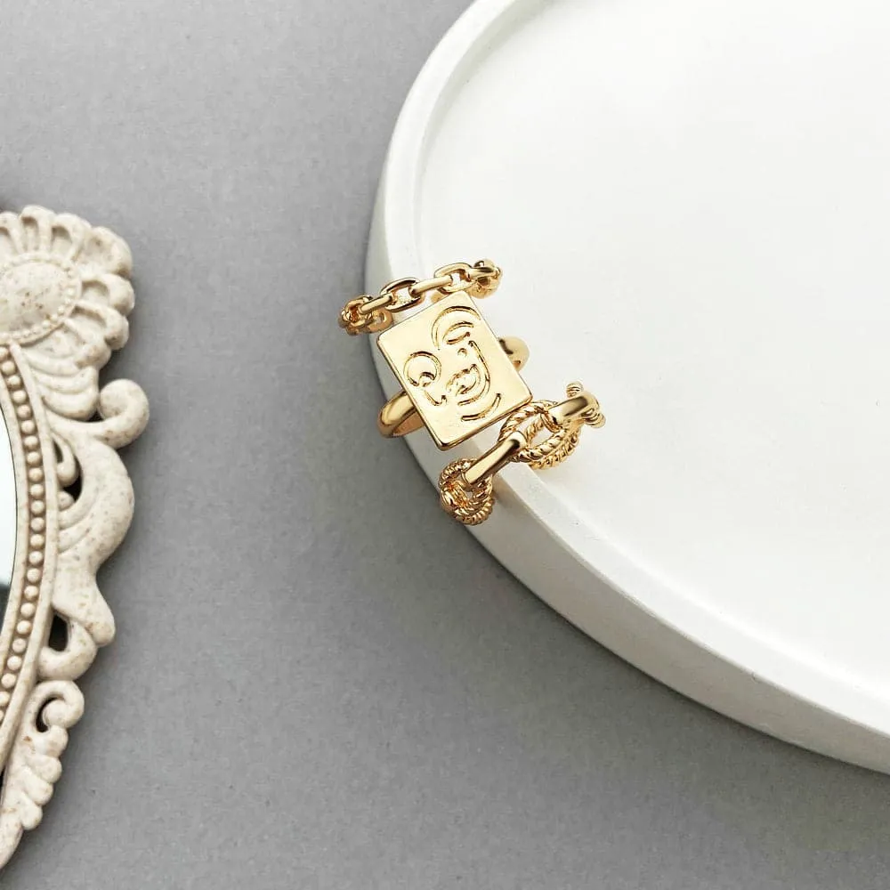 18K Gold-Plated Abstract Face Cable Chain Open Ring Set
