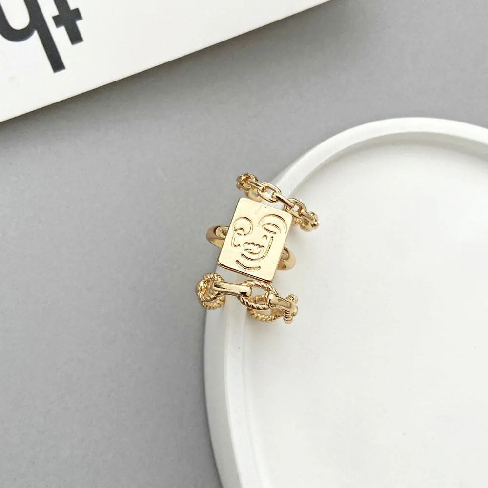 18K Gold-Plated Abstract Face Cable Chain Open Ring Set