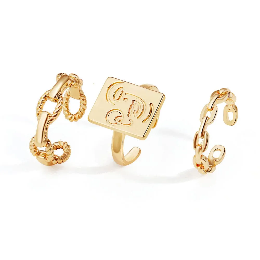 18K Gold-Plated Abstract Face Cable Chain Open Ring Set