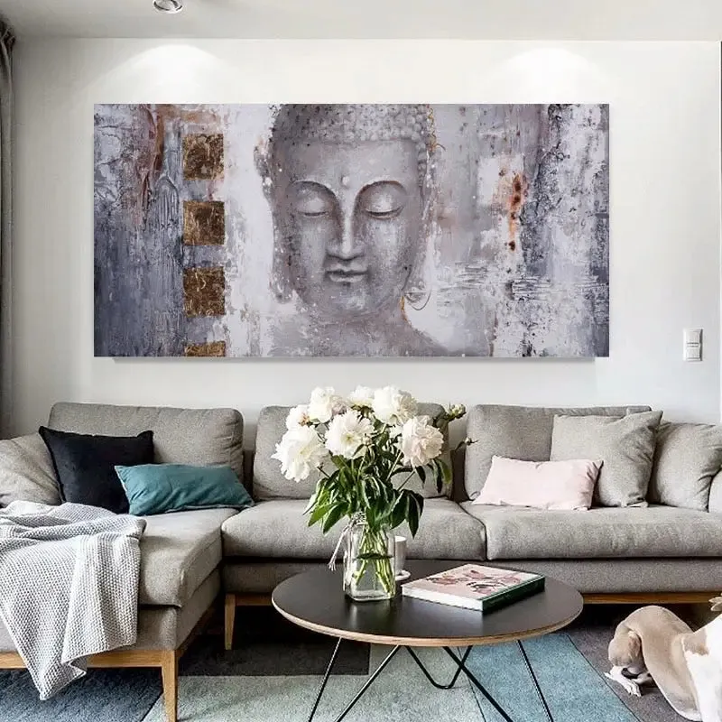Abstract Buddha Canvas Wall Art in Serene Gray and Metallic Tones