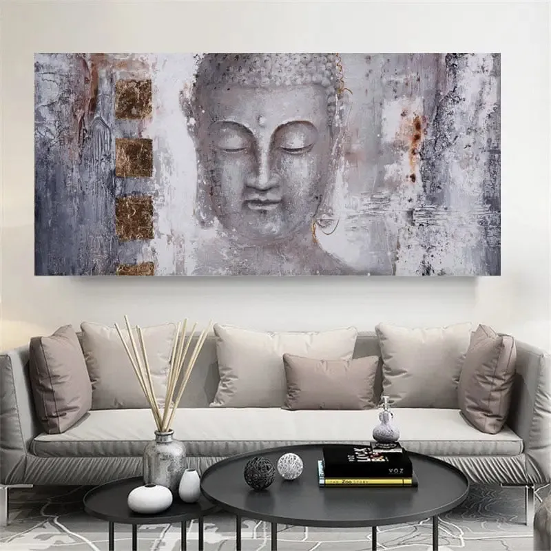 Abstract Buddha Canvas Wall Art in Serene Gray and Metallic Tones