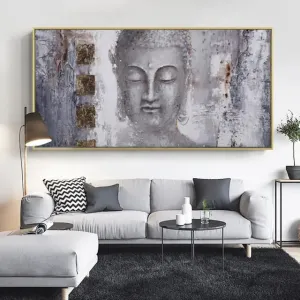 Abstract Buddha Canvas Wall Art in Serene Gray and Metallic Tones