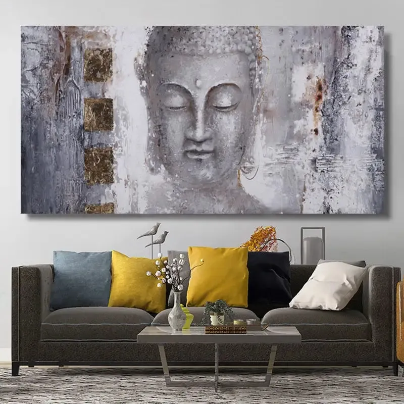 Abstract Buddha Canvas Wall Art in Serene Gray and Metallic Tones