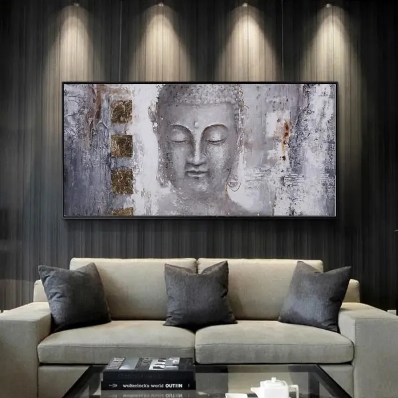 Abstract Buddha Canvas Wall Art in Serene Gray and Metallic Tones