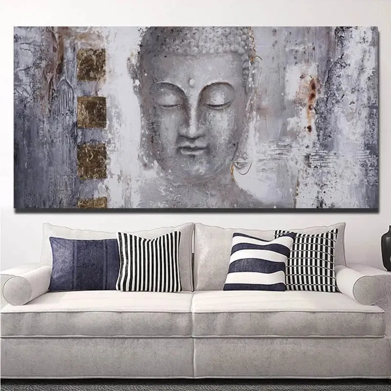 Abstract Buddha Canvas Wall Art in Serene Gray and Metallic Tones