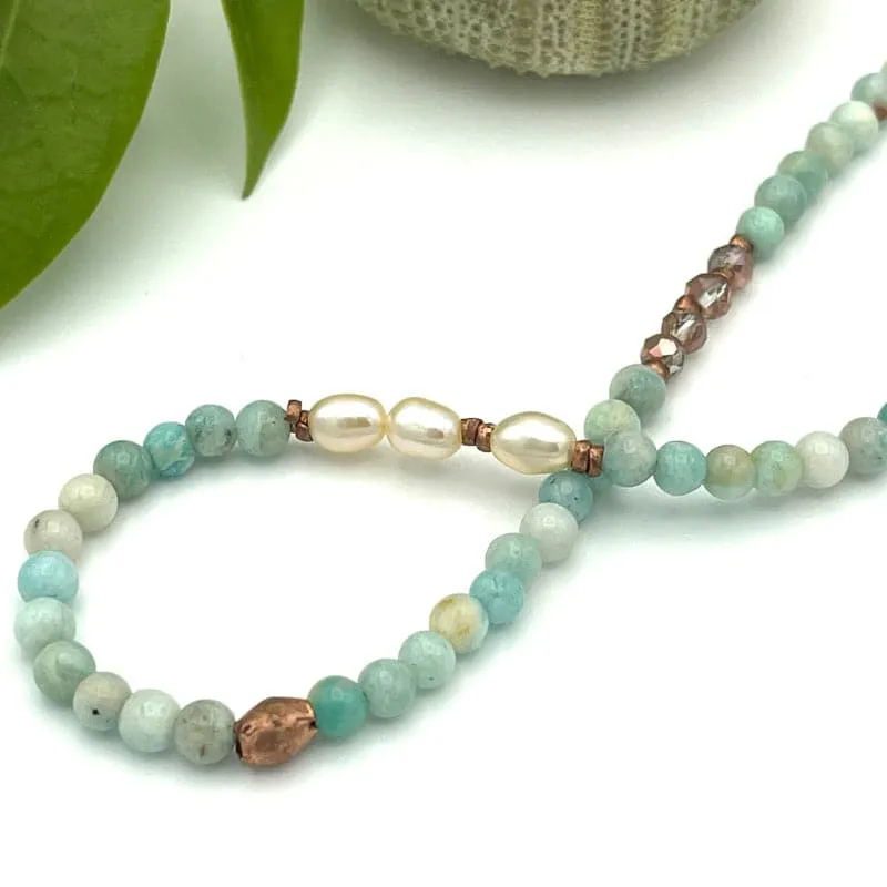 Amazonite Pearl Gemstone Boho Bead Necklace