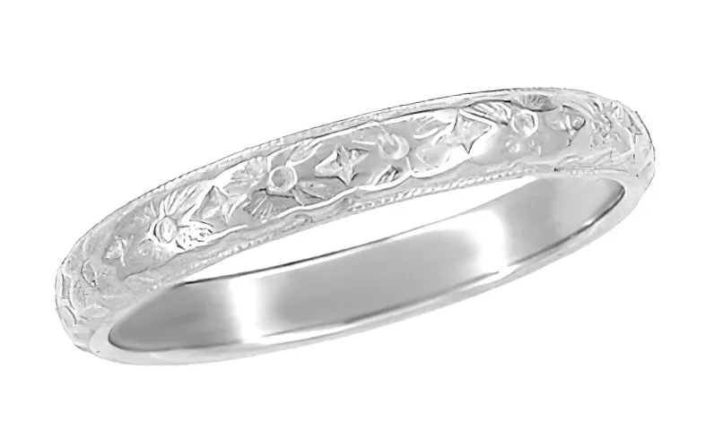 Antique Style Art Deco Dogwood Flowers Wedding Band in 10K, 14K, or 18K White Gold