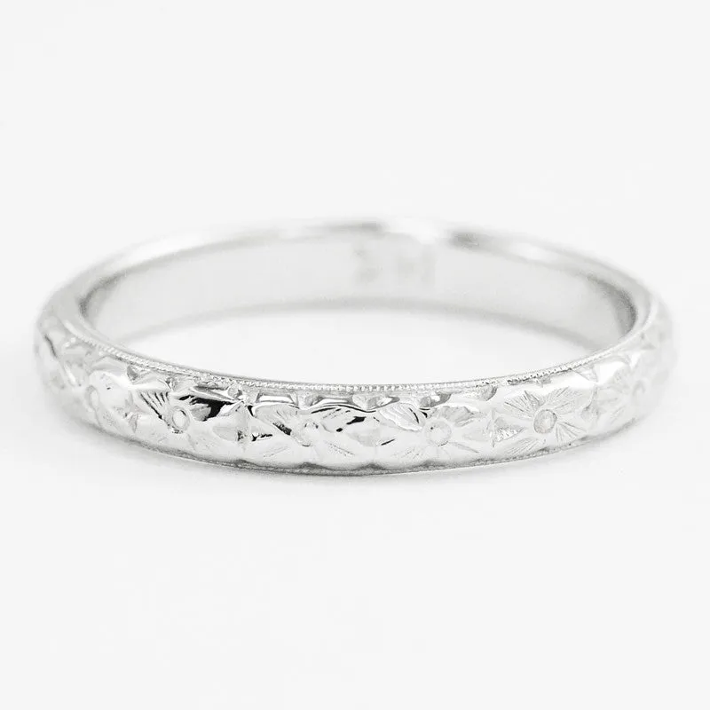 Antique Style Art Deco Dogwood Flowers Wedding Band in 10K, 14K, or 18K White Gold