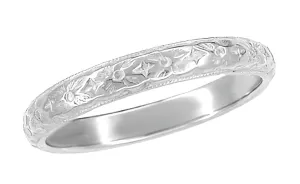Antique Style Art Deco Dogwood Flowers Wedding Band in 10K, 14K, or 18K White Gold