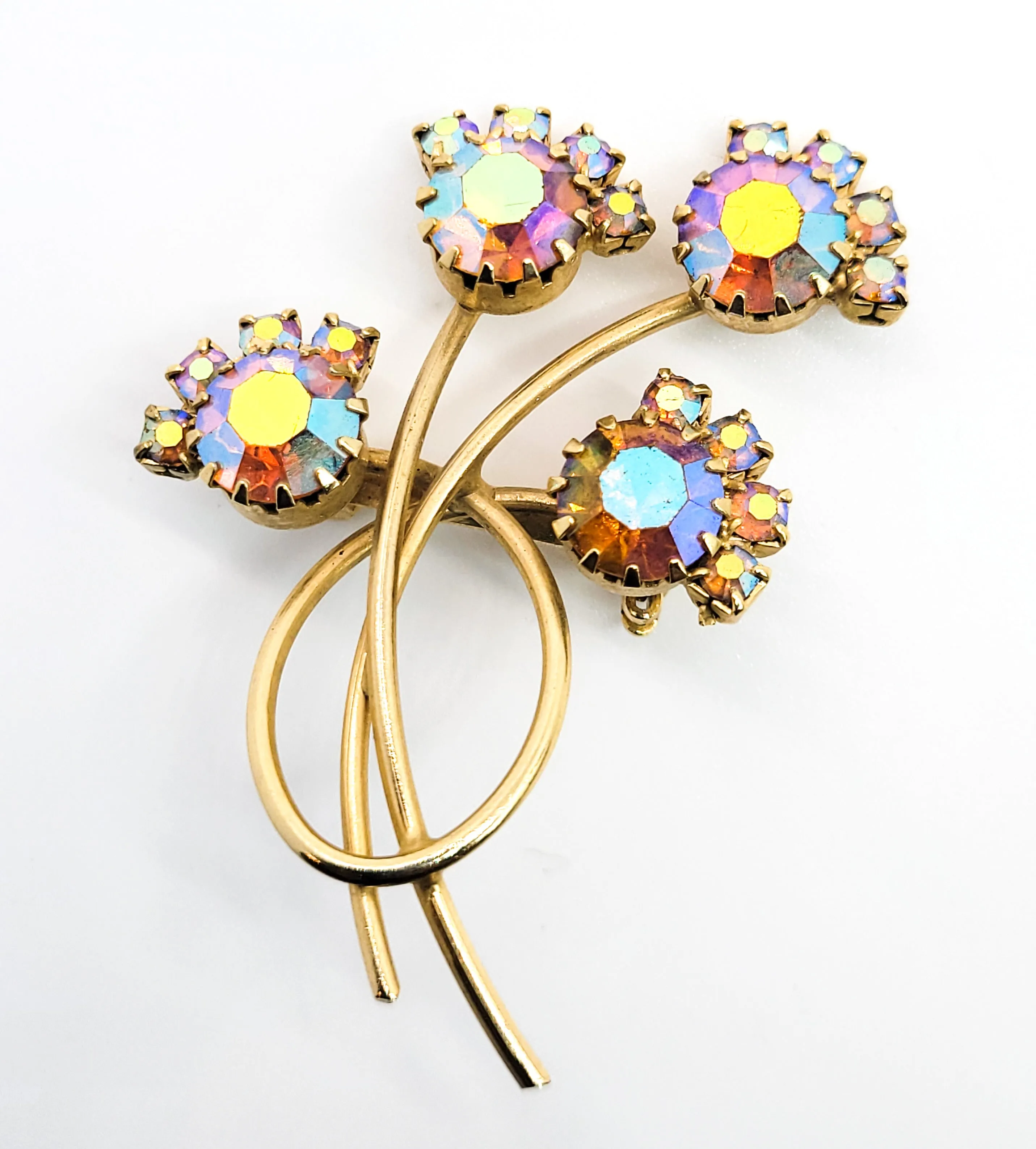 Aurora Borealis rainbow rhinestone chaton gold toned vintage brooch