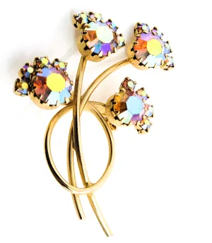Aurora Borealis rainbow rhinestone chaton gold toned vintage brooch