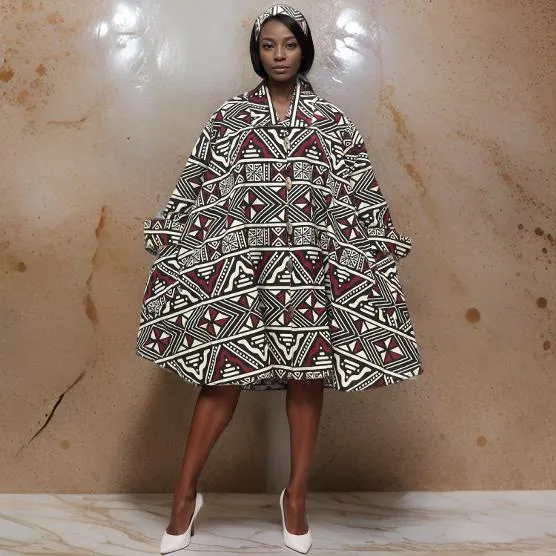 Authentic African Brown Cream Print Big Button Tunic Short Dress Blouse Top