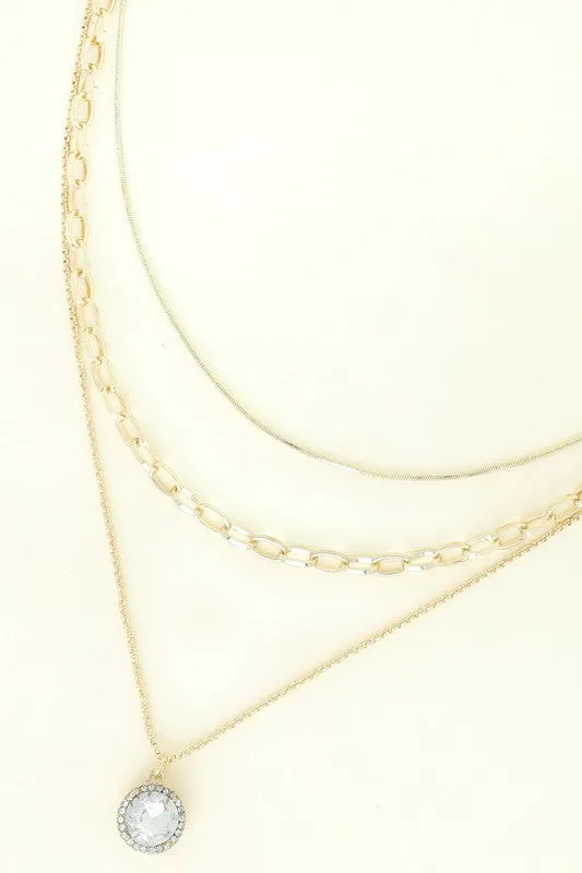 Bezel Set Round Solitaire Pendant Layer Necklace