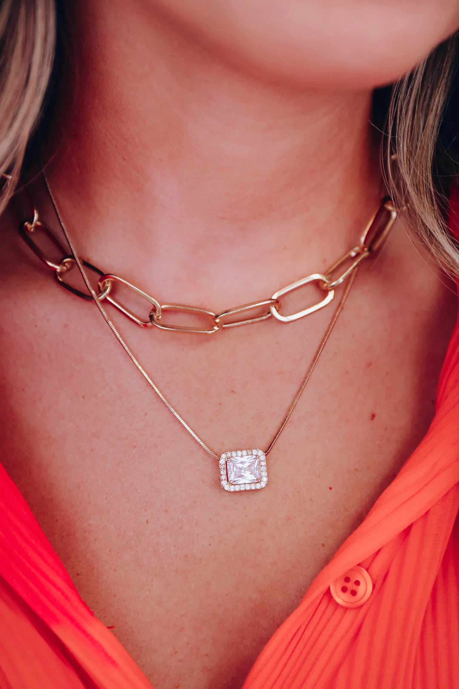 Bezel Set Square Solitaire Pendant Layer Necklace