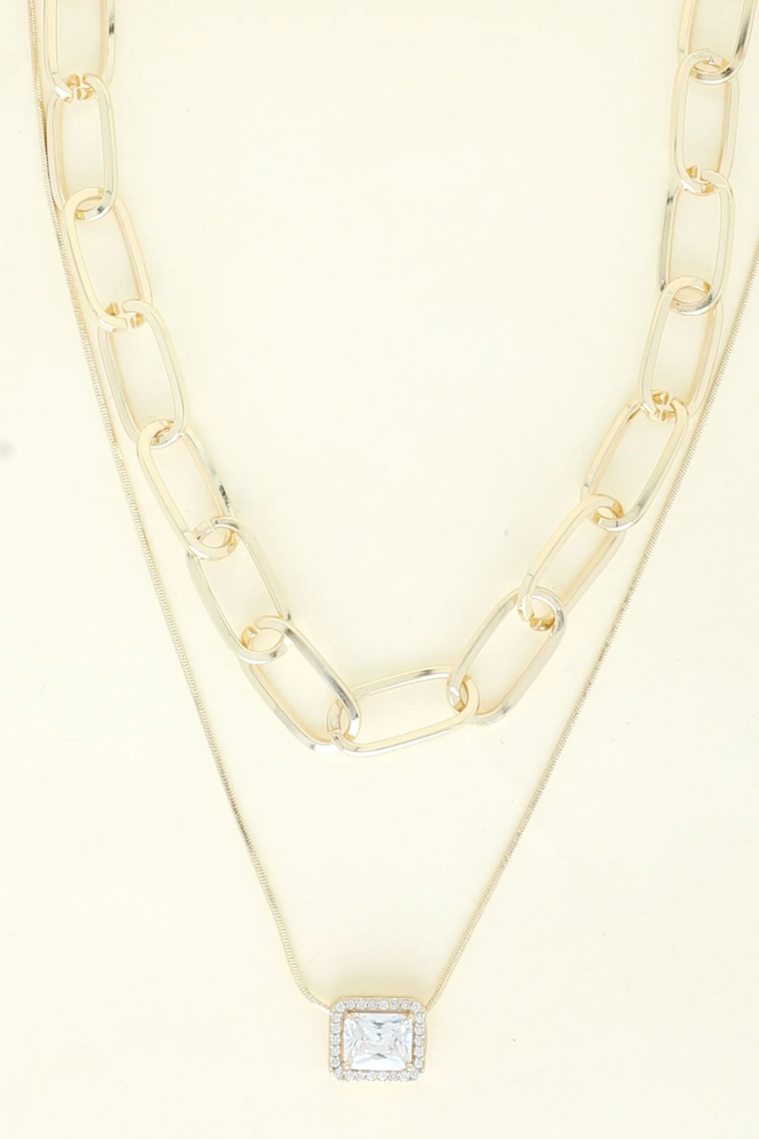 Bezel Set Square Solitaire Pendant Layer Necklace