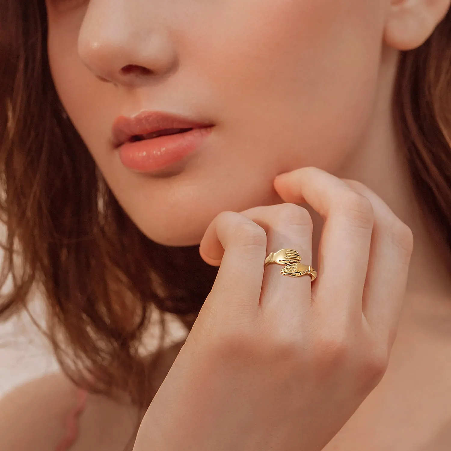 Big Tiny Golden Love Hugging Hand Stackable Ring