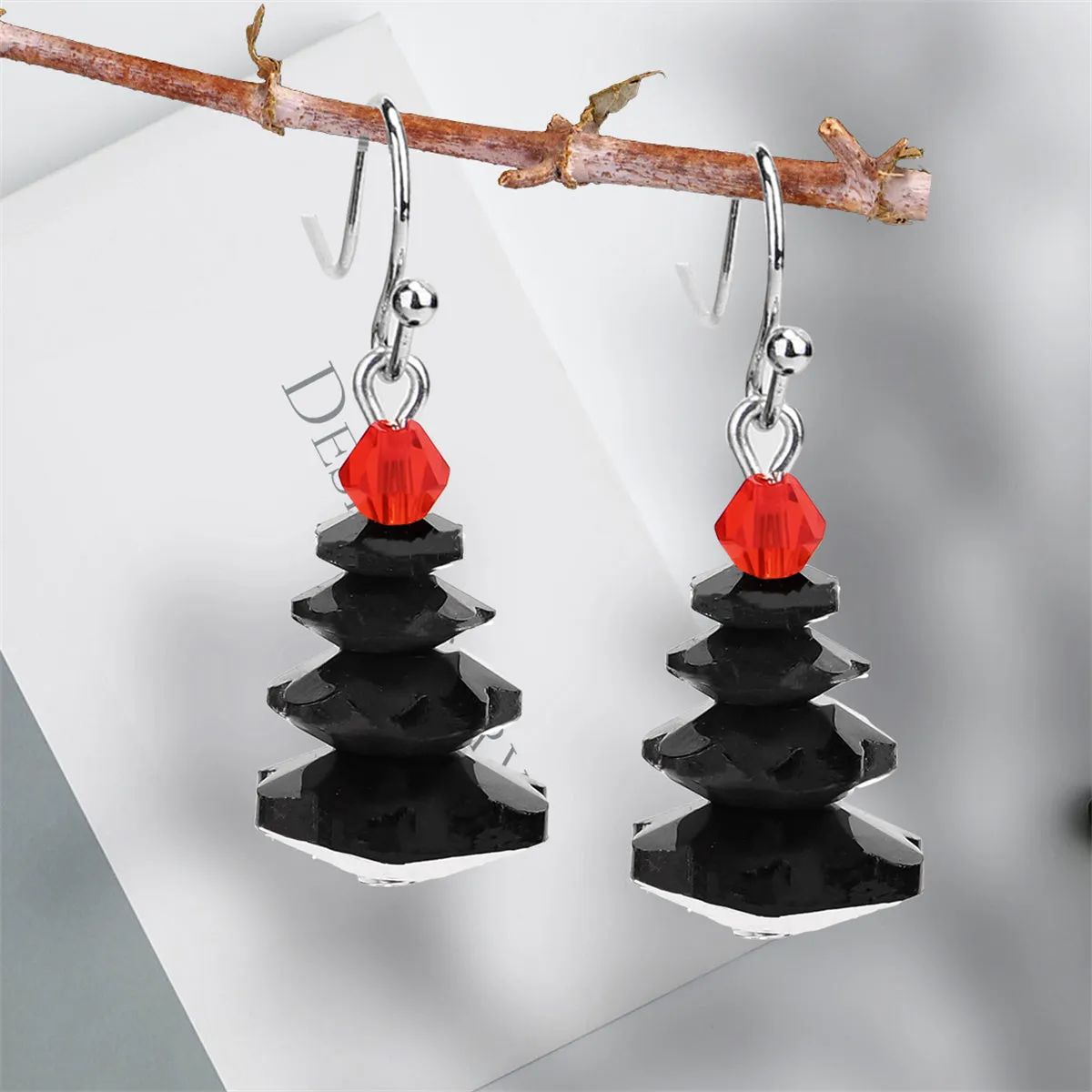 Black & Red Crystal Abstract Tree Drop Earrings
