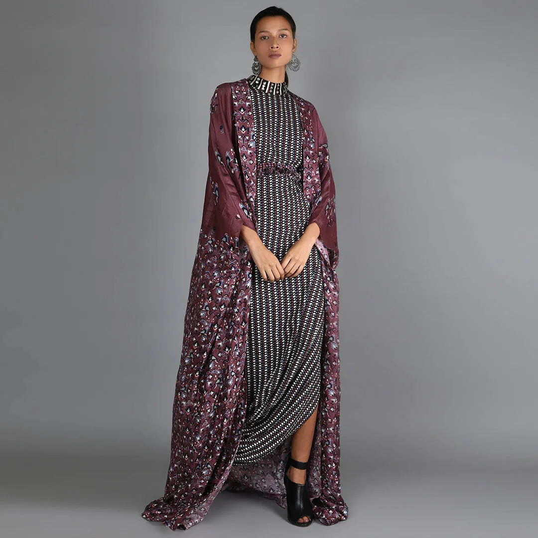 BLACK JAALI PRINT DRAPE DRESS WITH MERLOT HALF BIRD PRINT AND HALF GEOMETRIC DAMASK PRINT CAPE WITH EMBROIDERY DETAILING