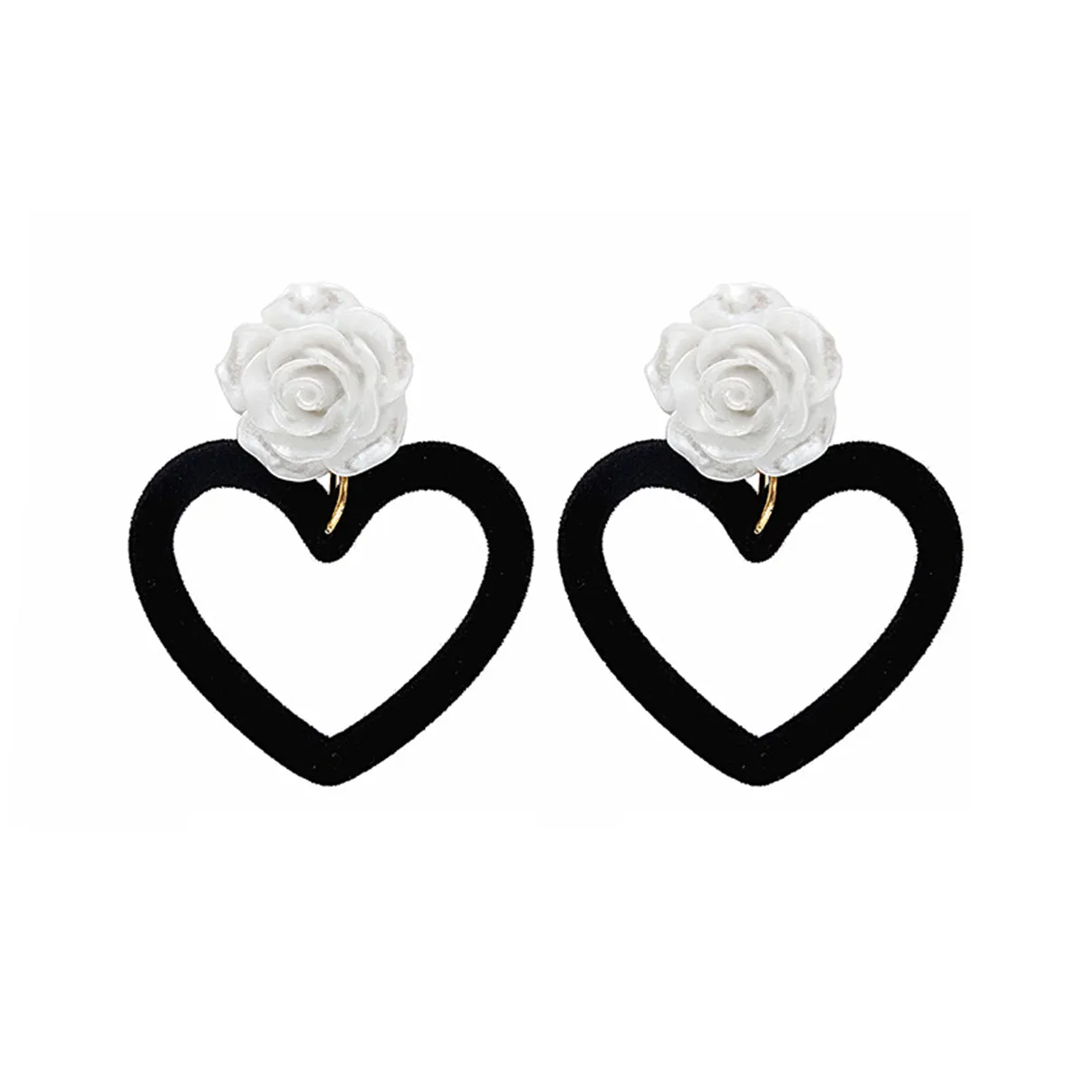 Black Nylon & White Resin Rose Heart Drop Earrings