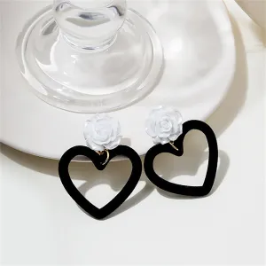 Black Nylon & White Resin Rose Heart Drop Earrings