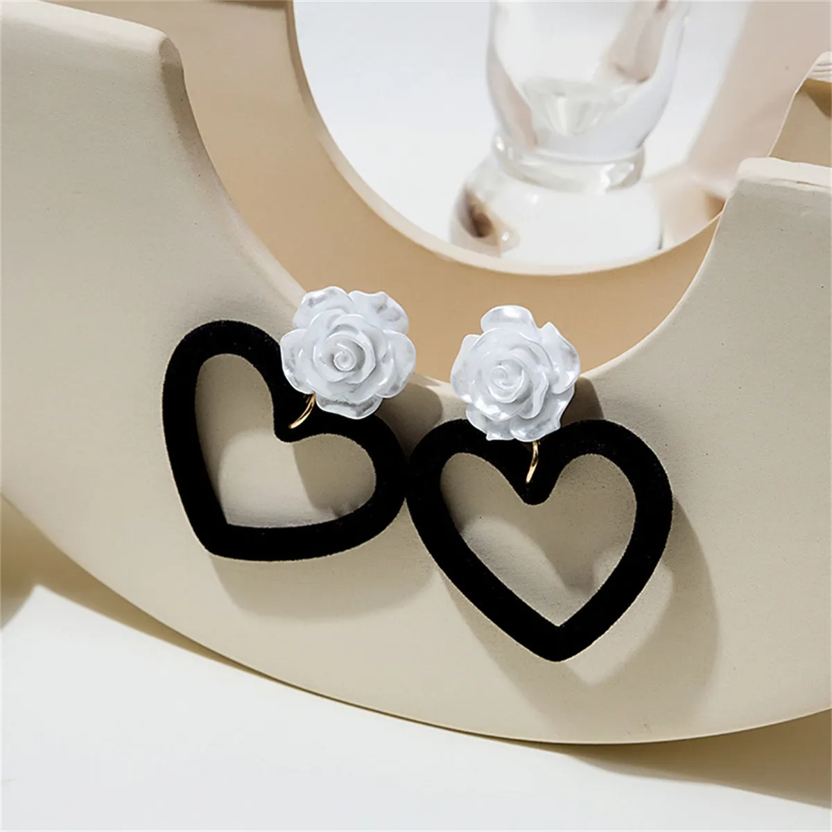 Black Nylon & White Resin Rose Heart Drop Earrings