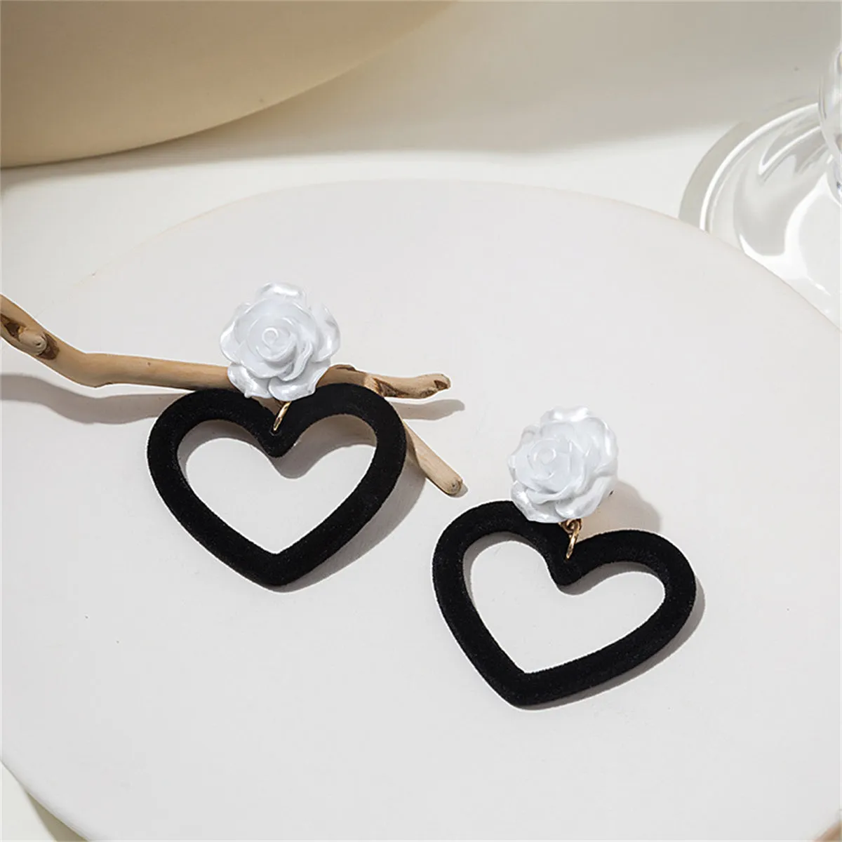 Black Nylon & White Resin Rose Heart Drop Earrings