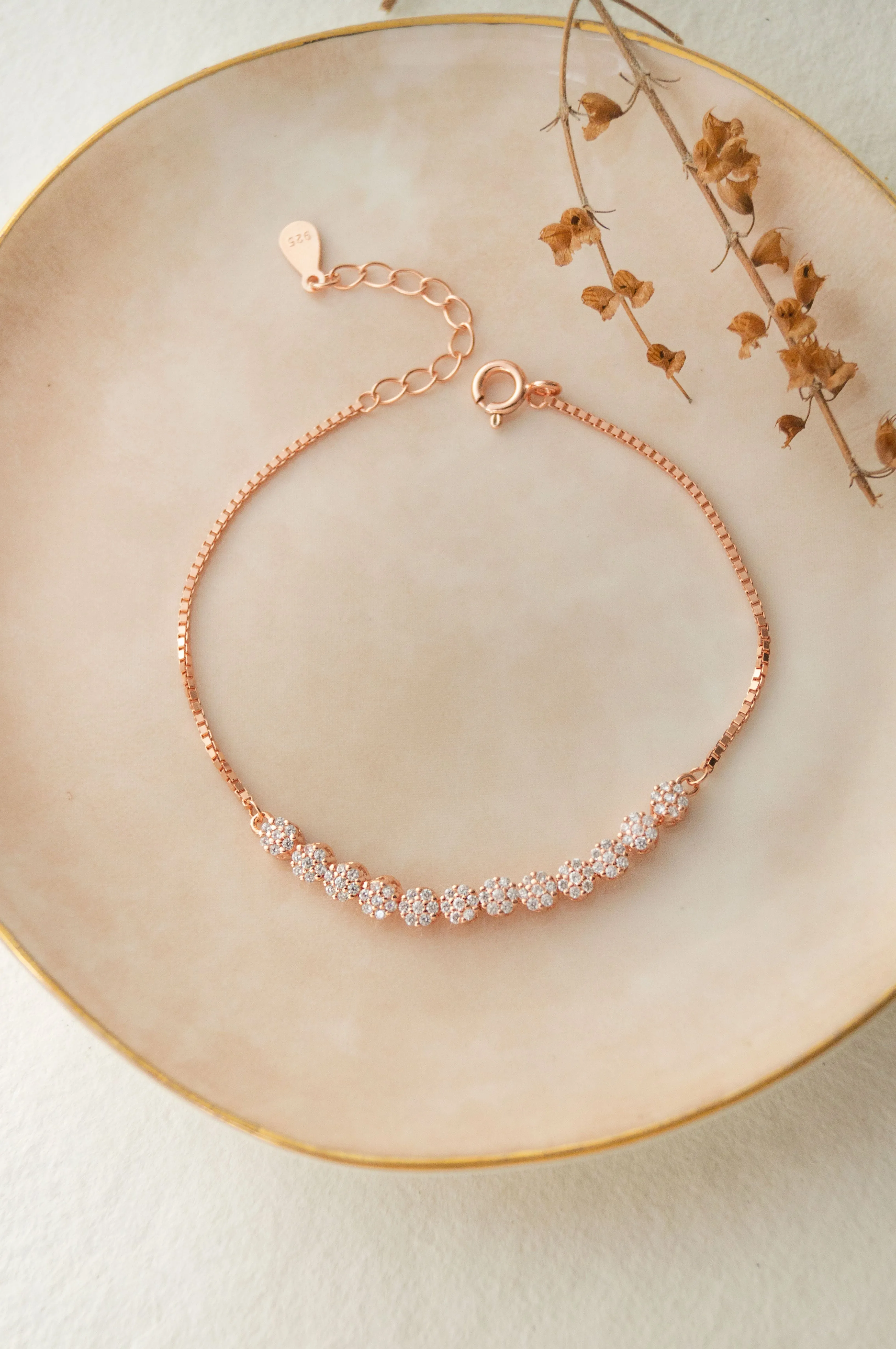 Blinging Clusters Rose Gold Plated Sterling Silver Chain Bracelet