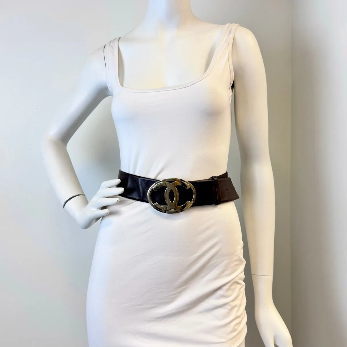 Chanel Brown 2" Wide Leather Belt with Gold-tone Interlocking CC Buckle