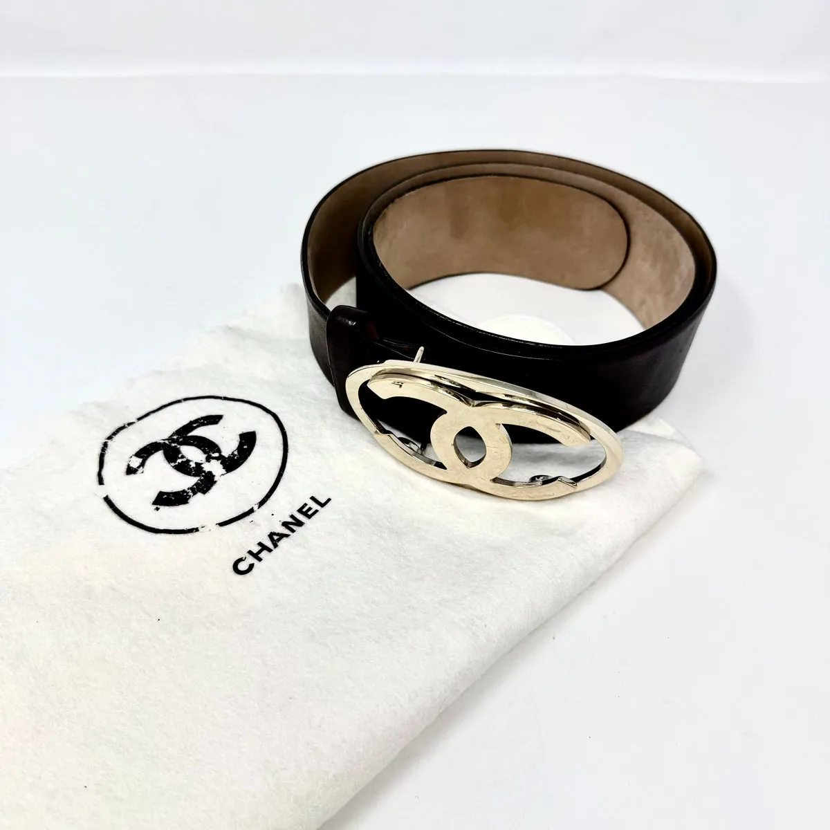 Chanel Brown 2" Wide Leather Belt with Gold-tone Interlocking CC Buckle