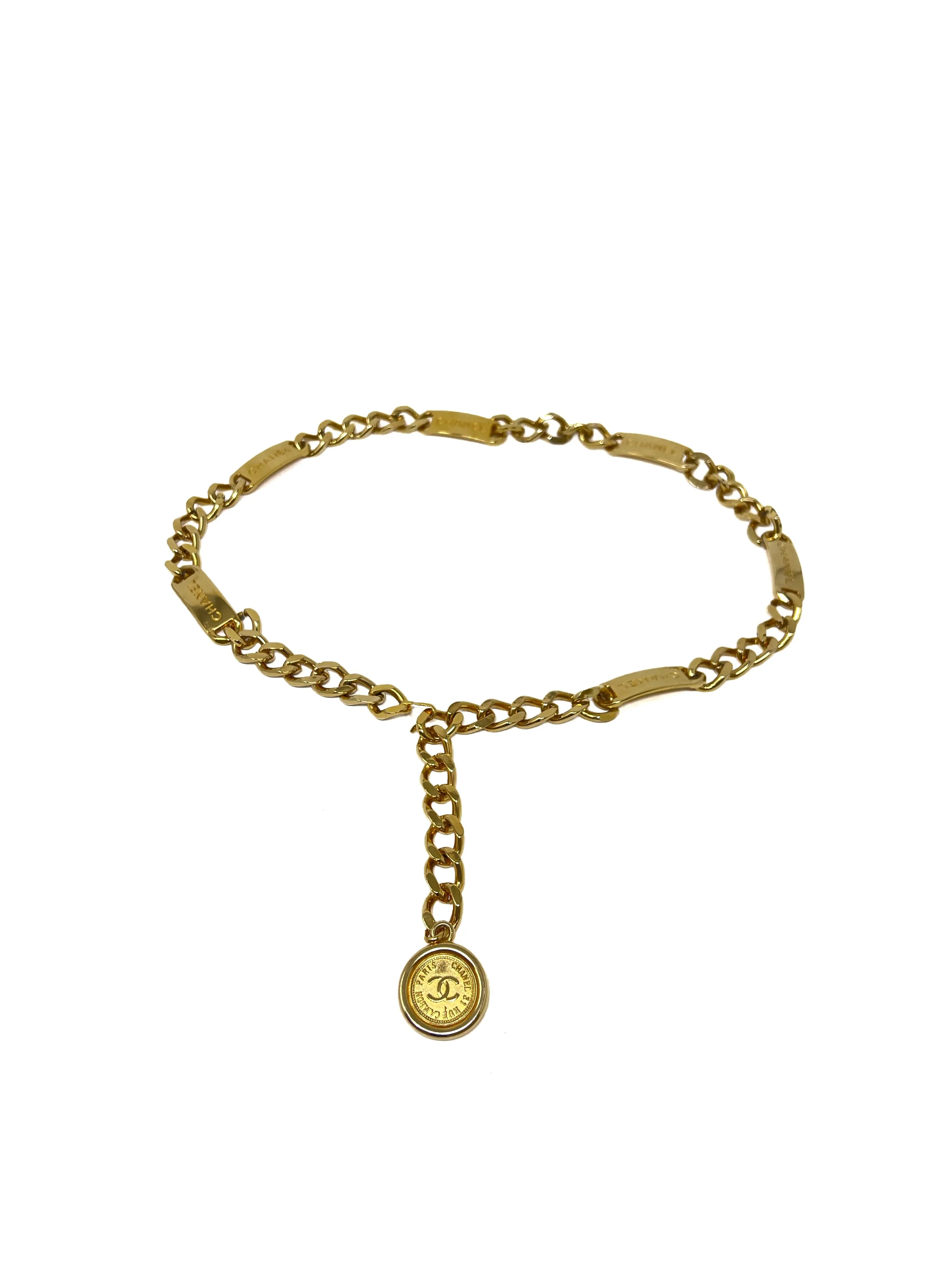 Chanel Size S Gold Vintage Logo Nameplate & Medallion Chain Link Belt