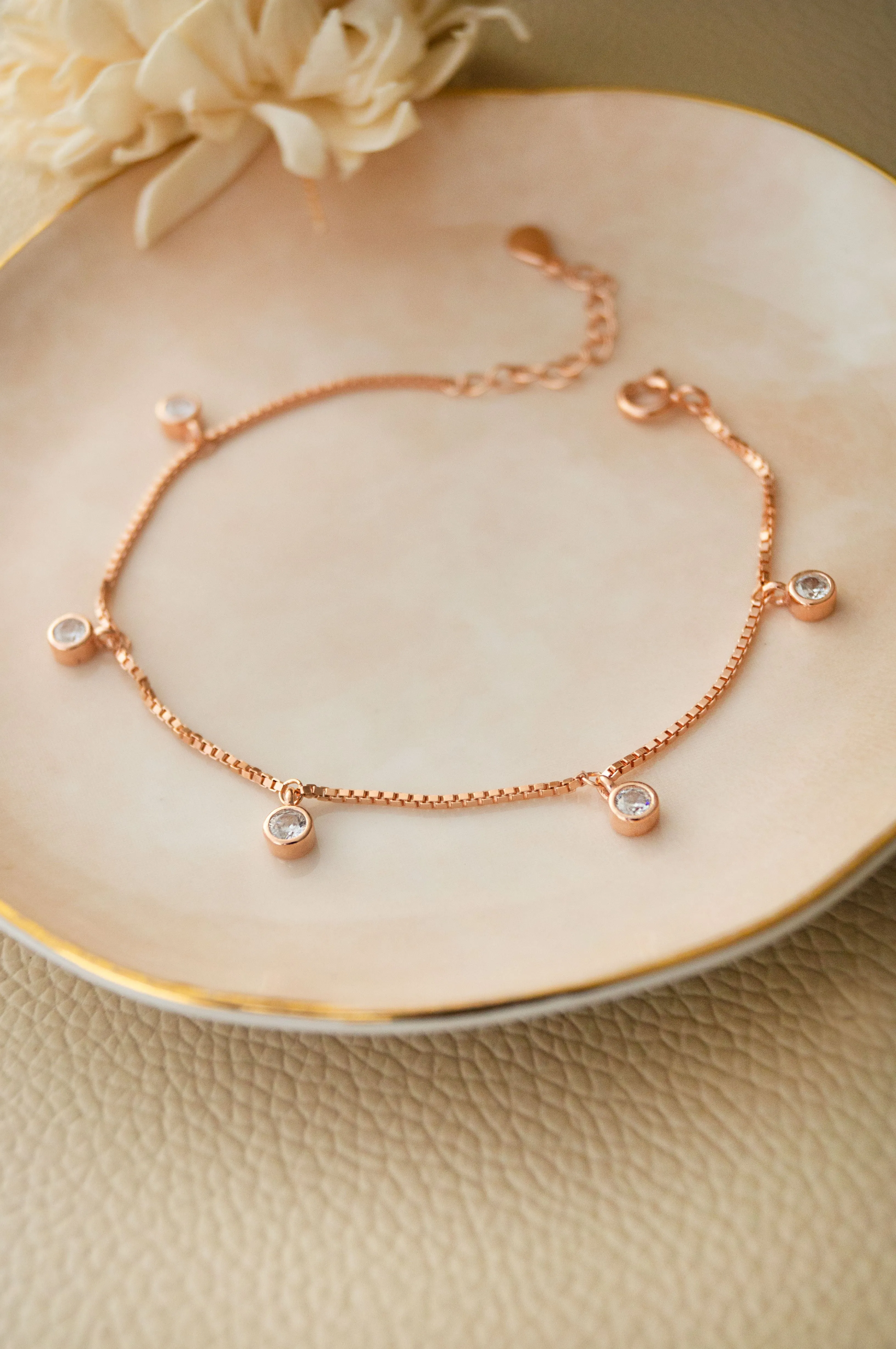 Charming Solitaire Charms Rose Gold Plated Sterling Silver Chain Bracelet
