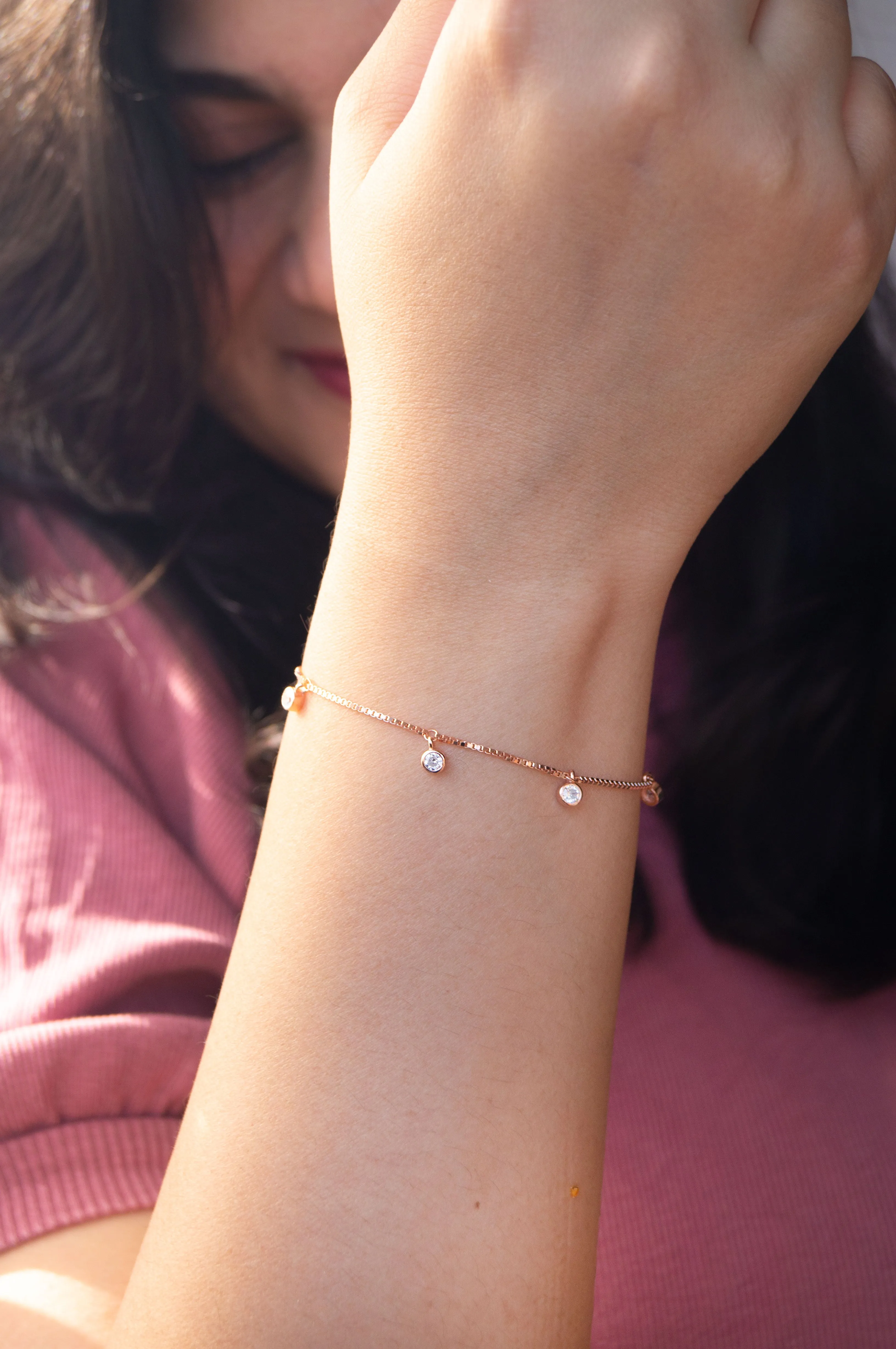 Charming Solitaire Charms Rose Gold Plated Sterling Silver Chain Bracelet