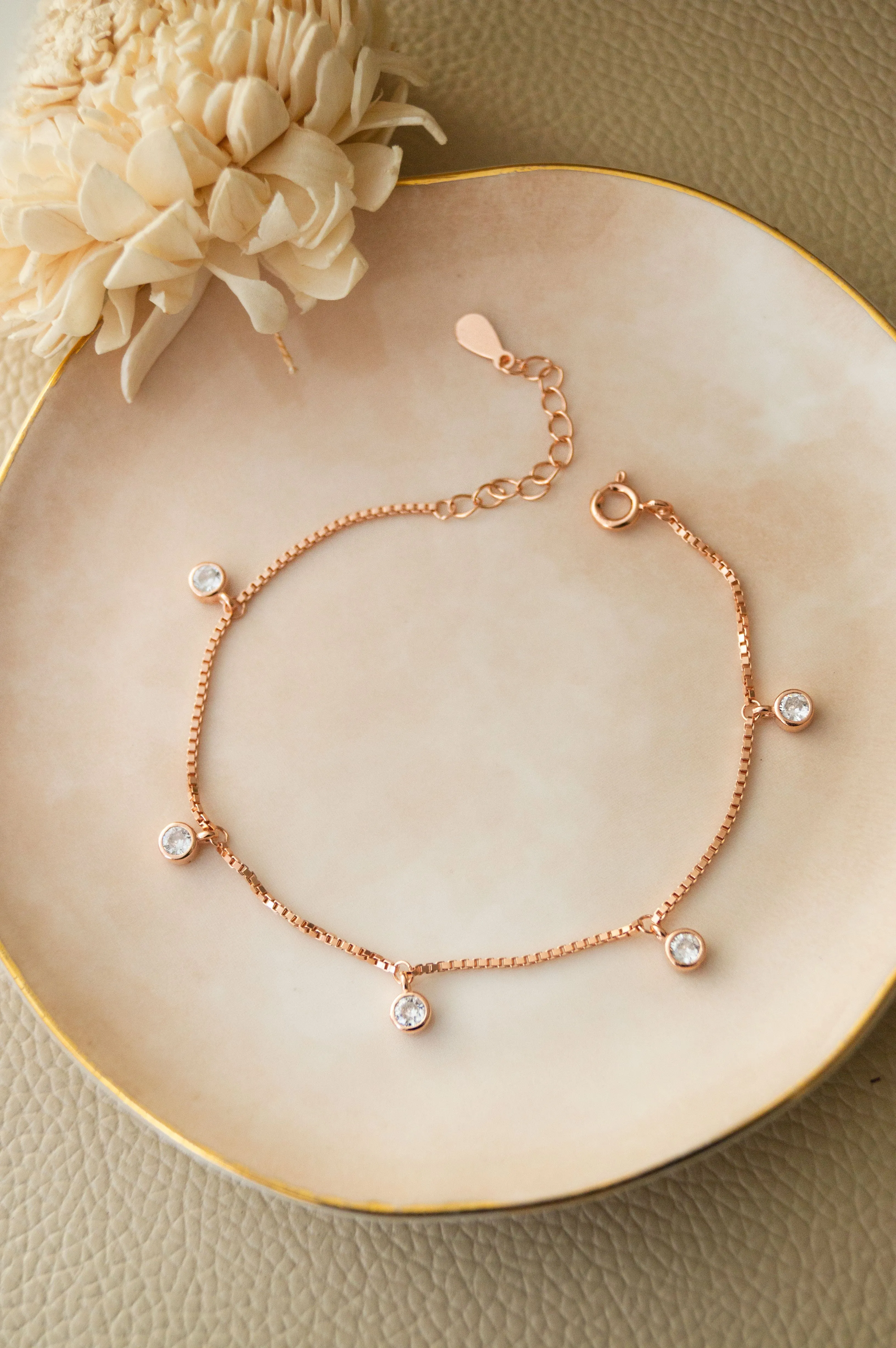 Charming Solitaire Charms Rose Gold Plated Sterling Silver Chain Bracelet
