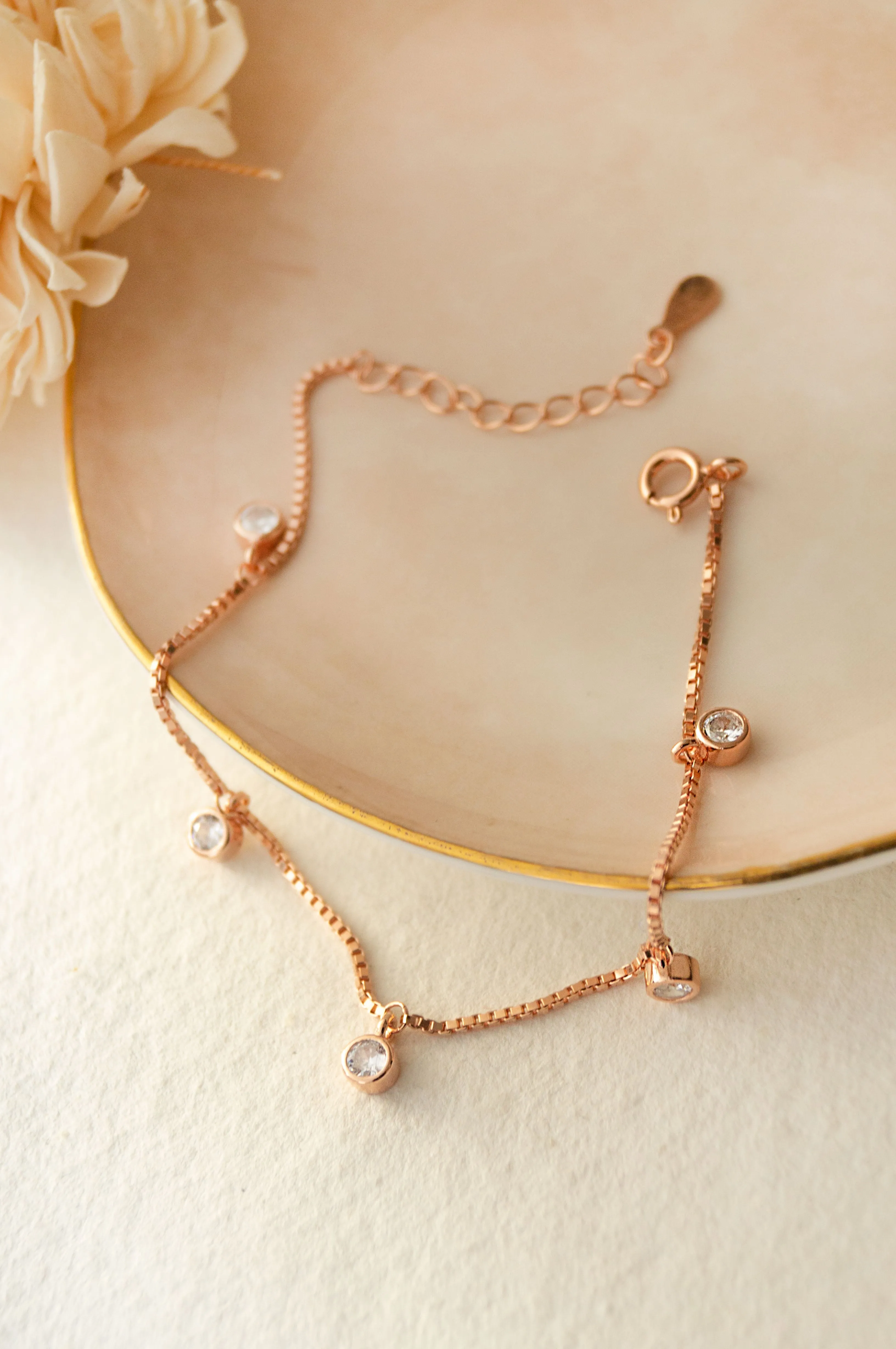 Charming Solitaire Charms Rose Gold Plated Sterling Silver Chain Bracelet