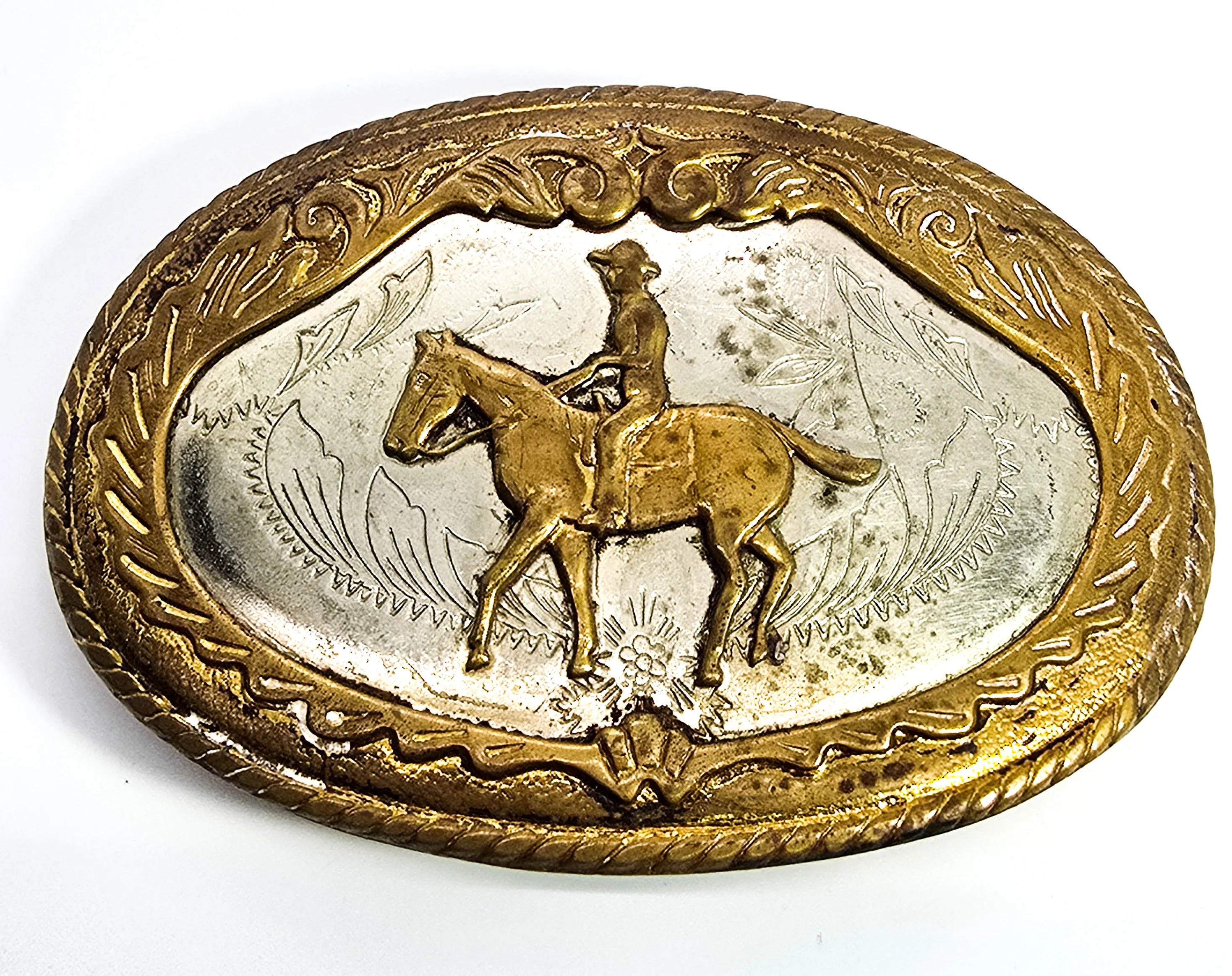 Comstock German Silver Rodeo cowboy horse vintage belt buckle