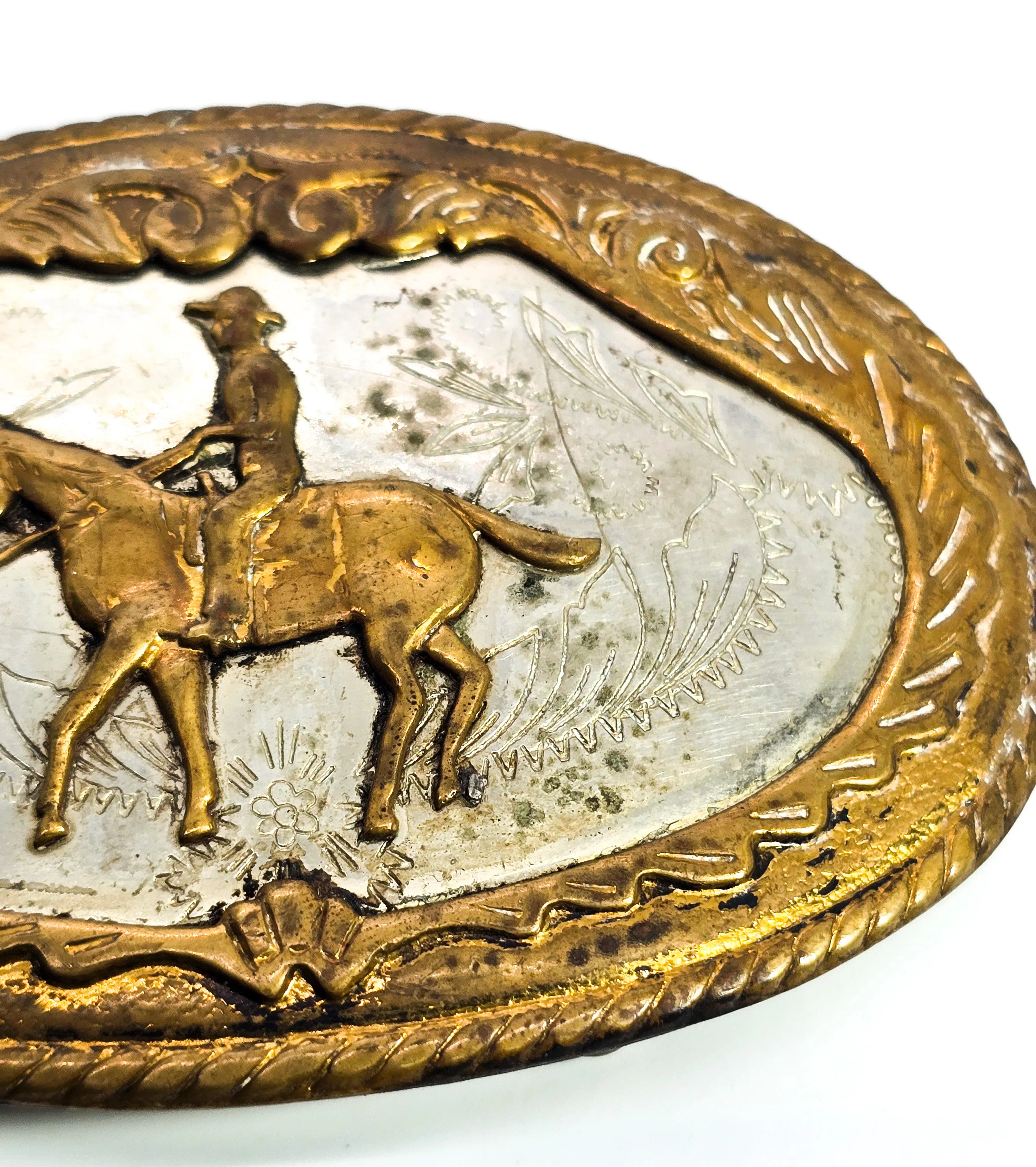 Comstock German Silver Rodeo cowboy horse vintage belt buckle