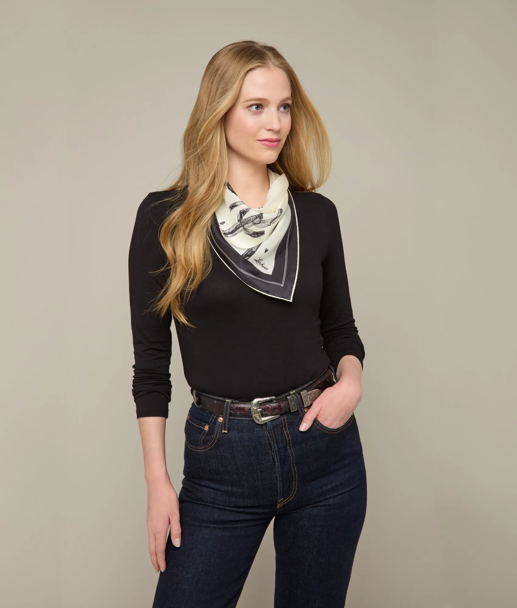 Cowboy Sketch Silk Scarf :: White/Black