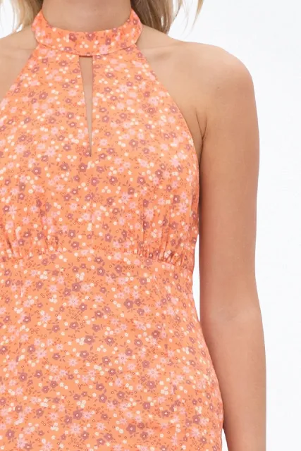 CUTOUT FLORAL-PRINT SATIN HALTERNECK MINI DRESS
