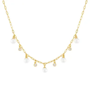 CZ Bezel X Pearl Link Necklace