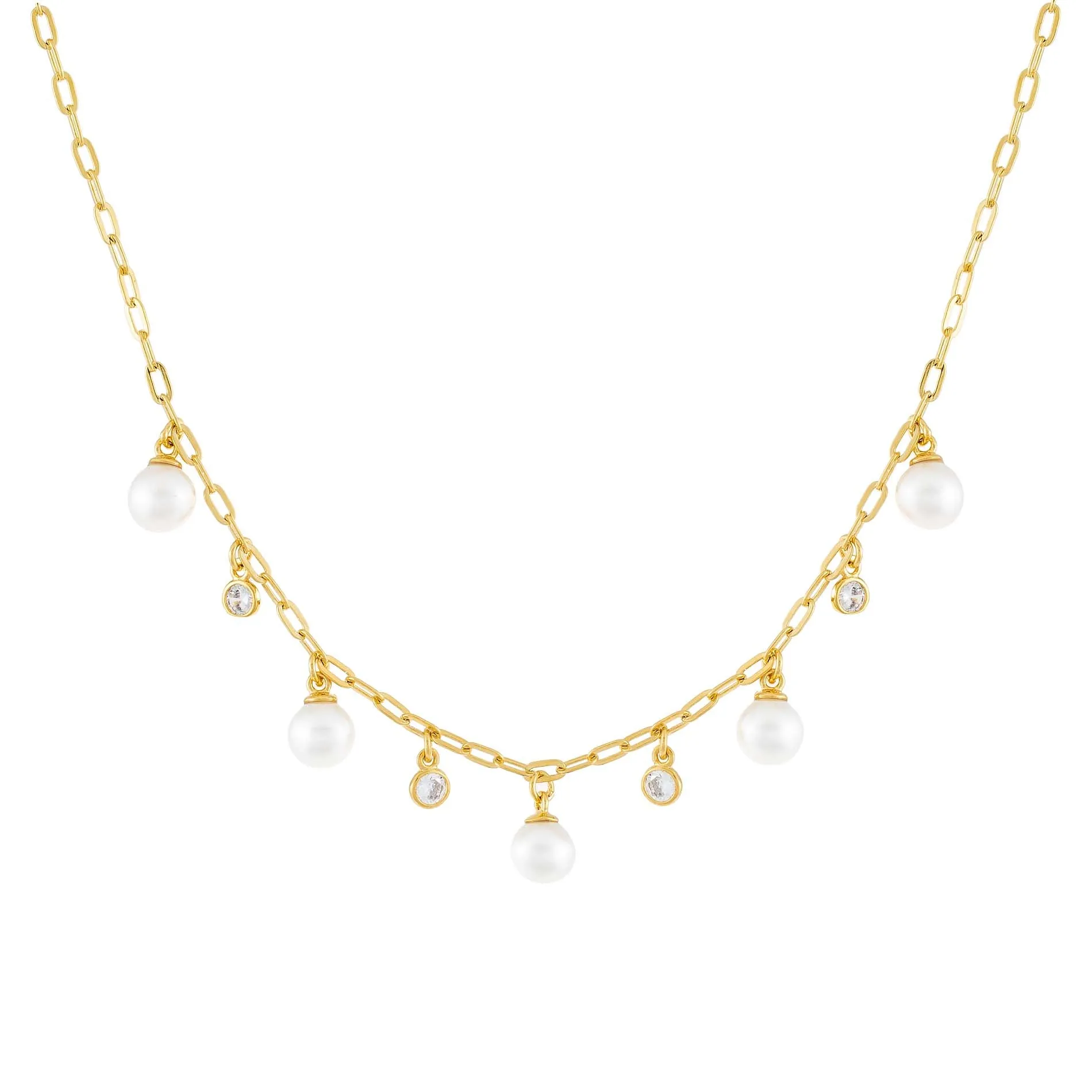 CZ Bezel X Pearl Link Necklace