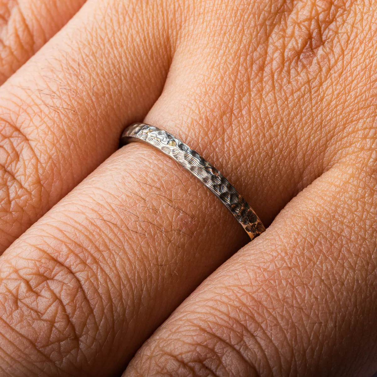 Dainty Earthen Mokume Firestorm Twist Ring with Hammered Finish