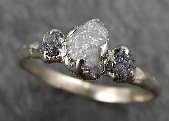 dainty raw rough diamond engagement multi stone stacking ring wedding anniversary white gold black gray white diamonds 14k rustic byangeline 0405 Alternative Engagement