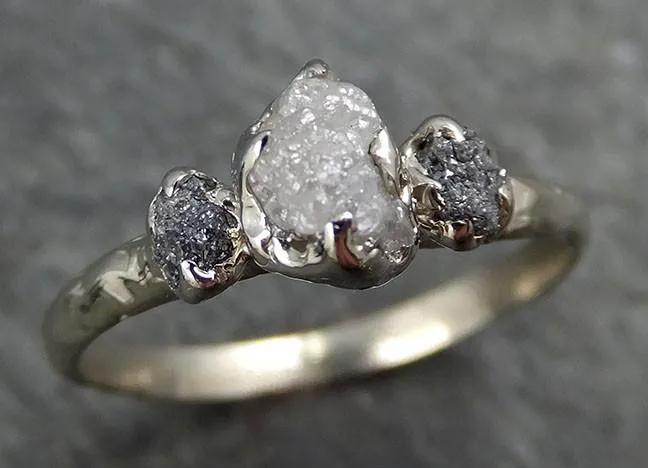 dainty raw rough diamond engagement multi stone stacking ring wedding anniversary white gold black gray white diamonds 14k rustic byangeline 0405 Alternative Engagement