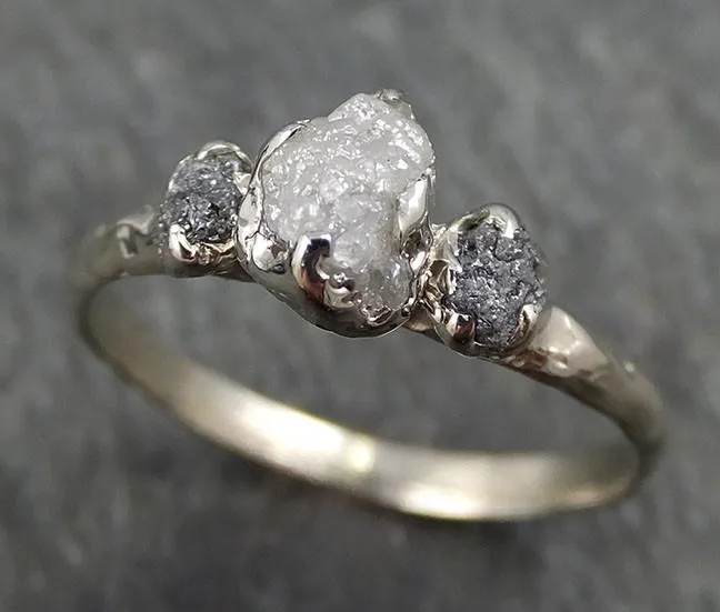 dainty raw rough diamond engagement multi stone stacking ring wedding anniversary white gold black gray white diamonds 14k rustic byangeline 0405 Alternative Engagement