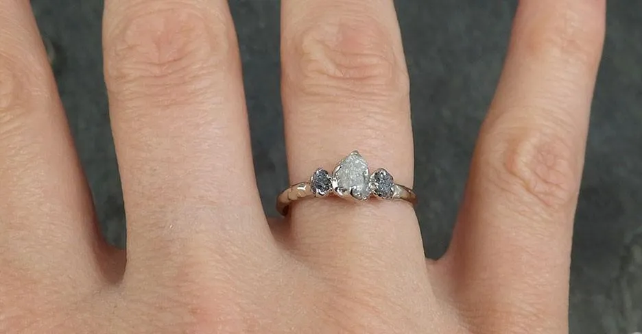 dainty raw rough diamond engagement multi stone stacking ring wedding anniversary white gold black gray white diamonds 14k rustic byangeline 0405 Alternative Engagement
