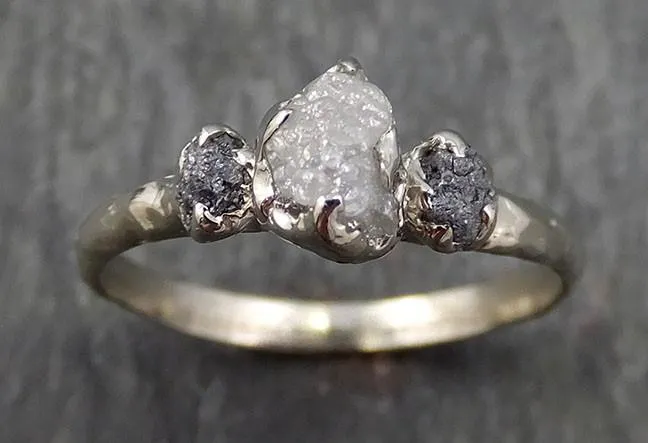 dainty raw rough diamond engagement multi stone stacking ring wedding anniversary white gold black gray white diamonds 14k rustic byangeline 0405 Alternative Engagement