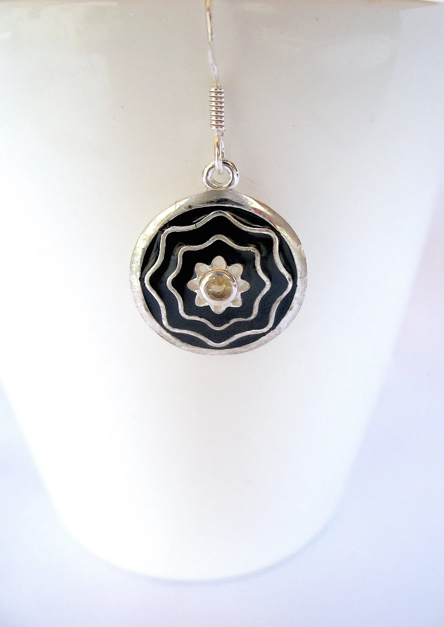 Dainty, round earrings with citrine and fine black enamel work